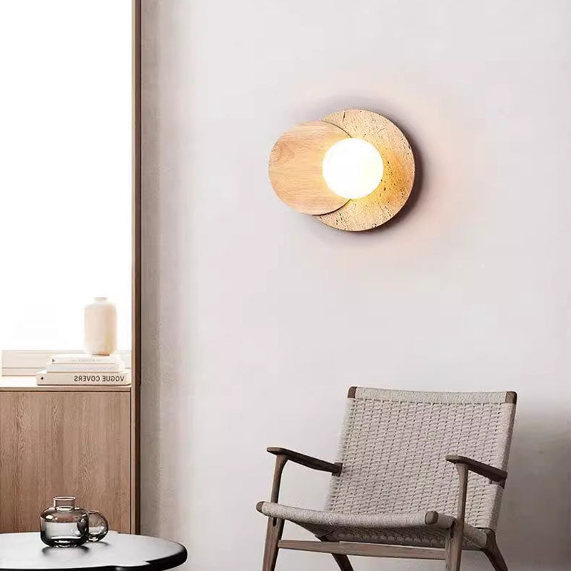 Travertine Glass Wood Round Wall Lamp