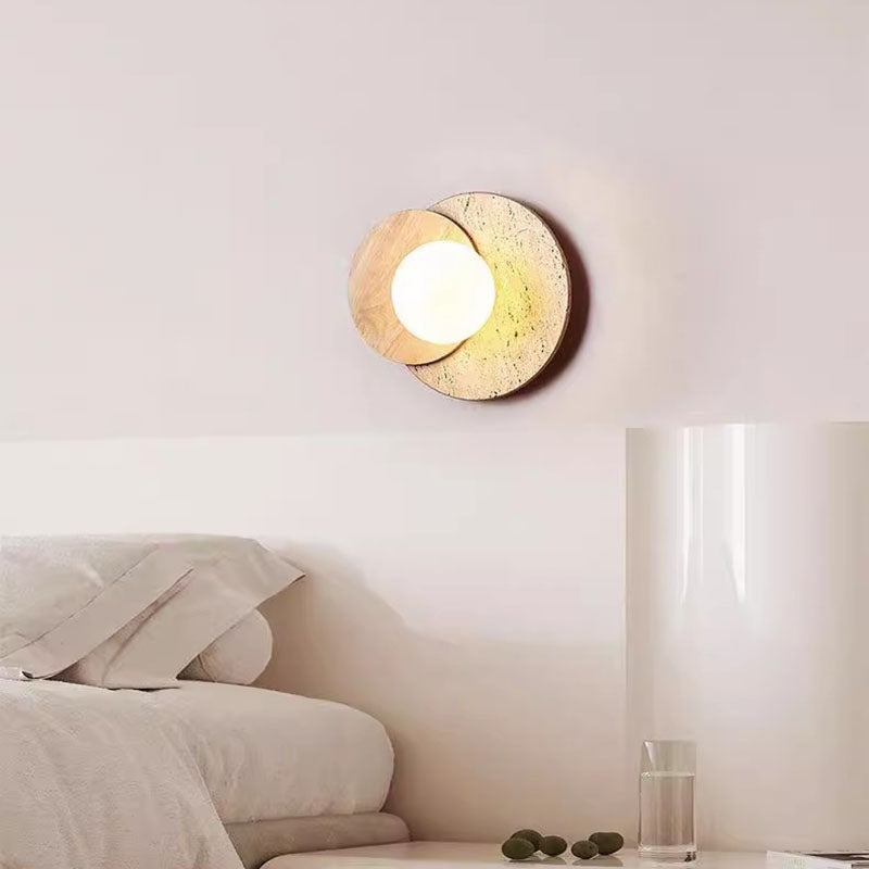 Travertine Glass Wood Round Wall Lamp