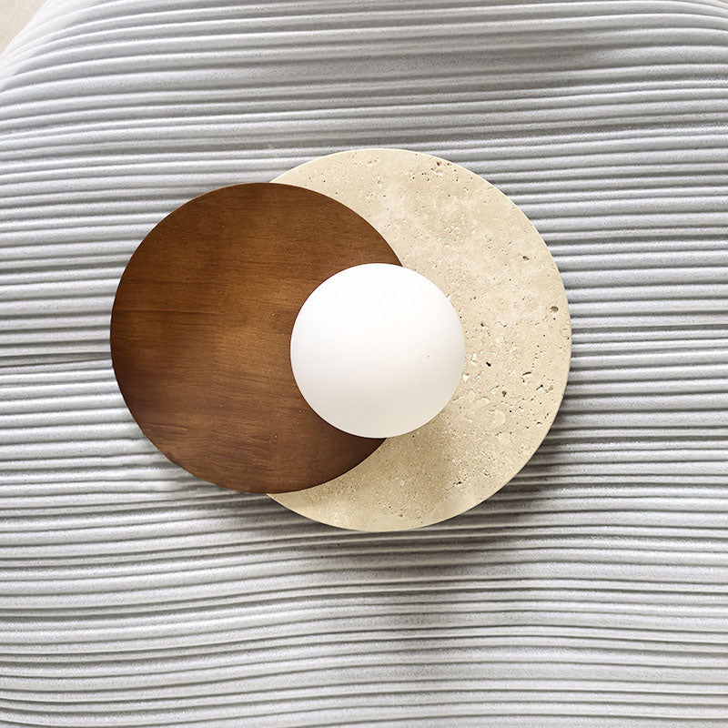 Travertine Glass Wood Round Wall Lamp