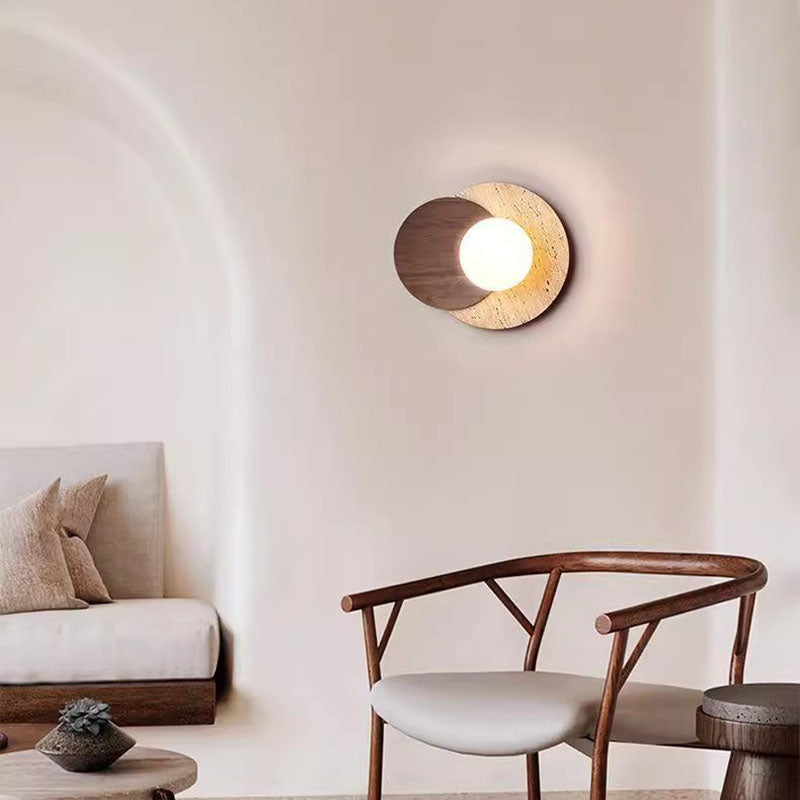 Travertine Glass Wood Round Wall Lamp
