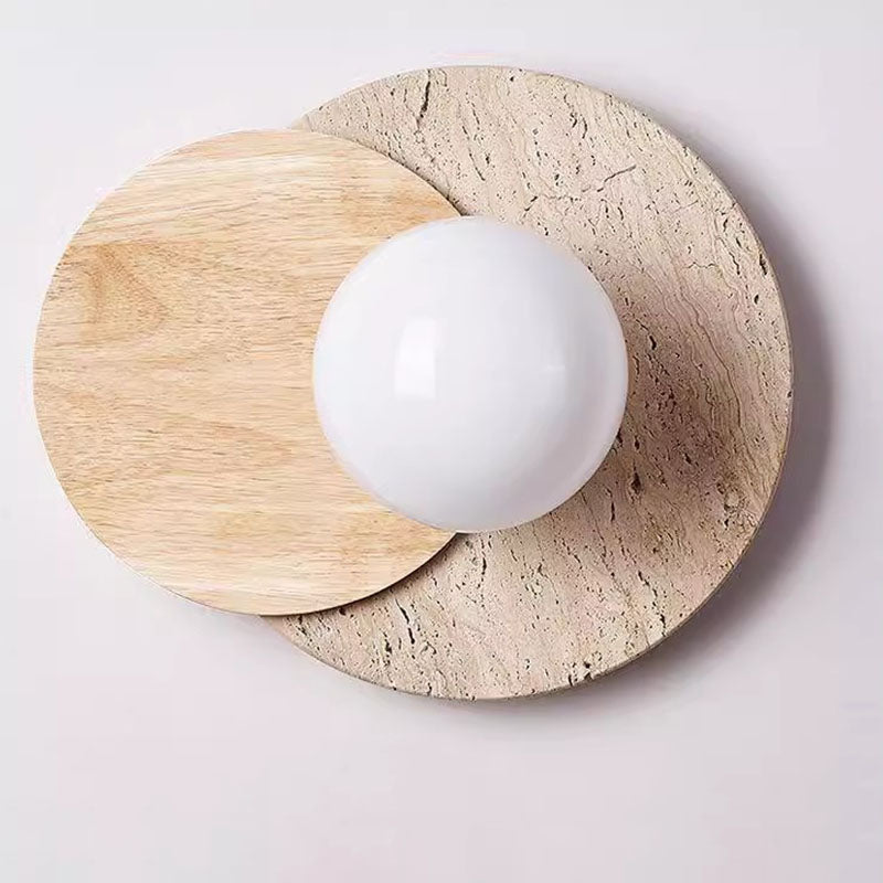 Travertine Glass Wood Round Wall Lamp
