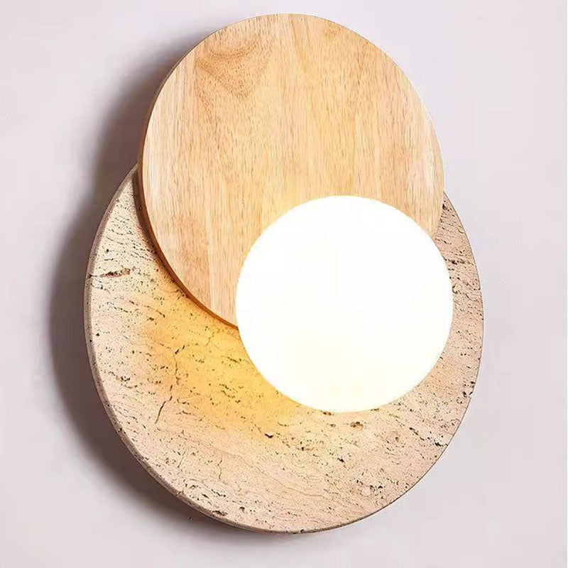 Travertine Glass Wood Round Wall Lamp