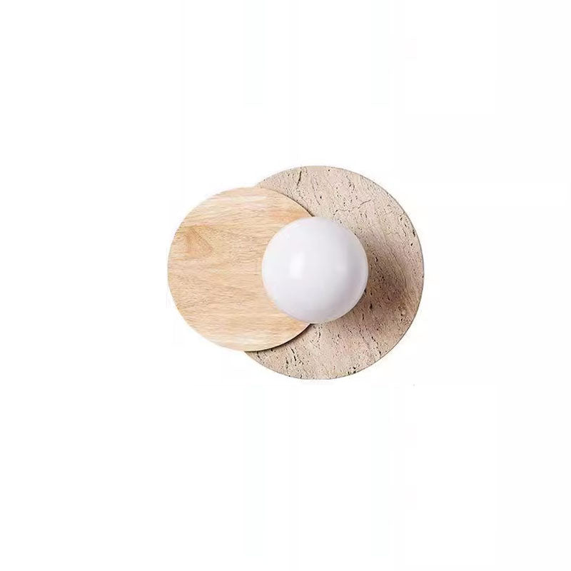 Travertine Glass Wood Round Wall Lamp