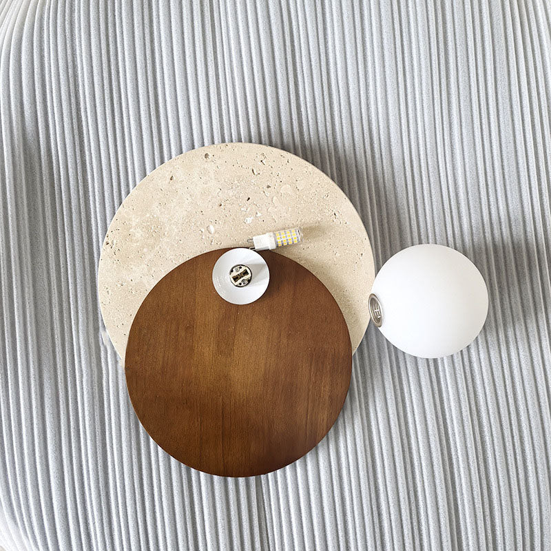 Travertine Glass Wood Round Wall Lamp