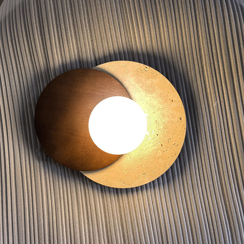 Travertine Glass Wood Round Wall Lamp