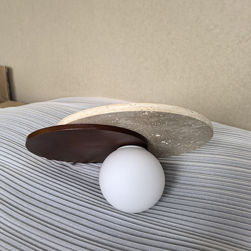 Travertine Glass Wood Round Wall Lamp
