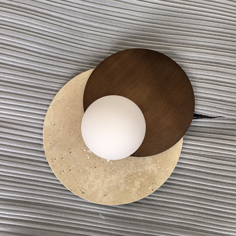 Travertine Glass Wood Round Wall Lamp
