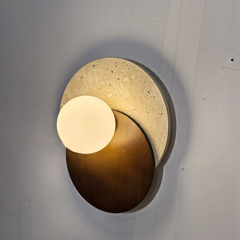 Travertine Glass Wood Round Wall Lamp
