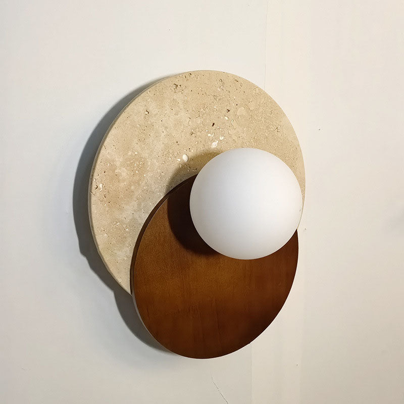 Travertine Glass Wood Round Wall Lamp