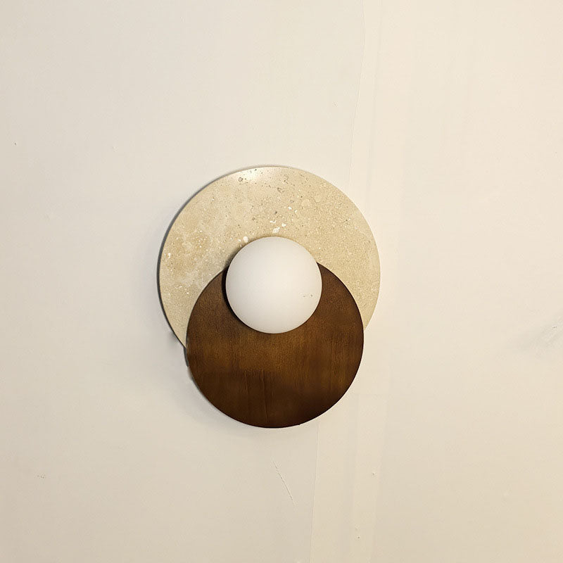 Travertine Glass Wood Round Wall Lamp