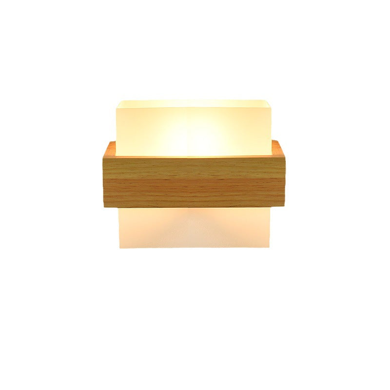 Wood Glass Square Bedroom Wall Lamp