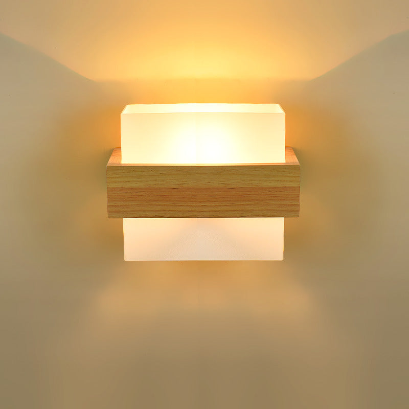 Wood Glass Square Bedroom Wall Lamp