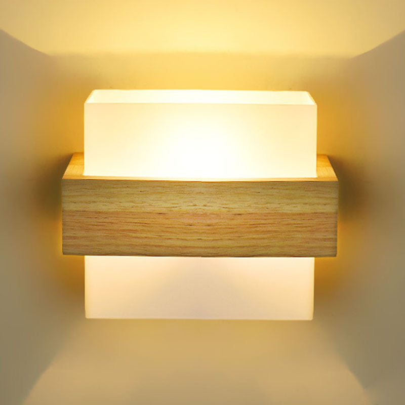 Wood Glass Square Bedroom Wall Lamp