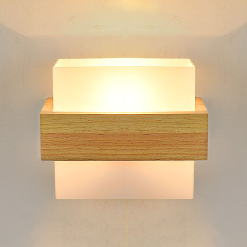 Wood Glass Square Bedroom Wall Lamp