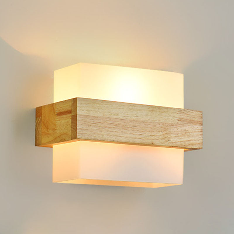 Wood Glass Square Bedroom Wall Lamp