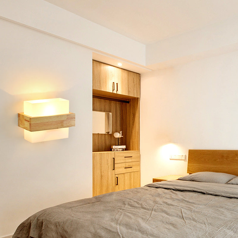 Wood Glass Square Bedroom Wall Lamp