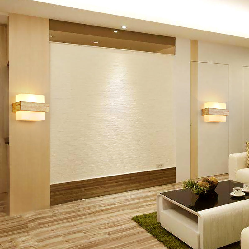 Wood Glass Square Bedroom Wall Lamp