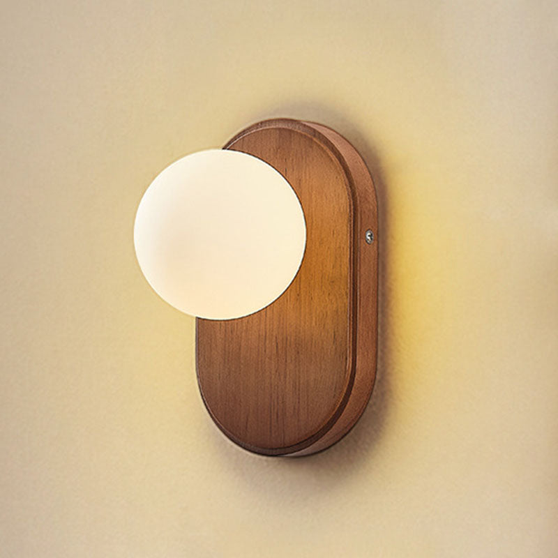 Wood Glass Round Bedroom Wall Lamp