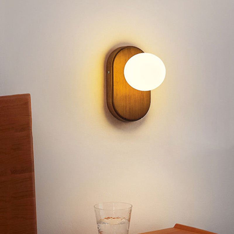 Wood Glass Round Bedroom Wall Lamp