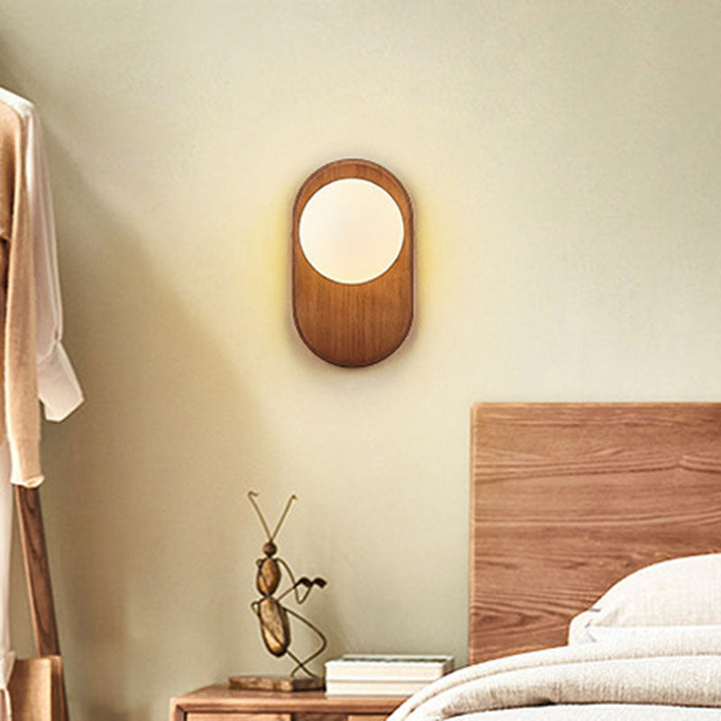 Wood Glass Round Bedroom Wall Lamp