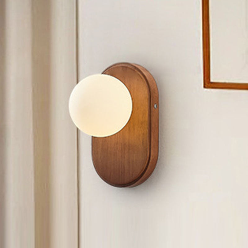 Wood Glass Round Bedroom Wall Lamp