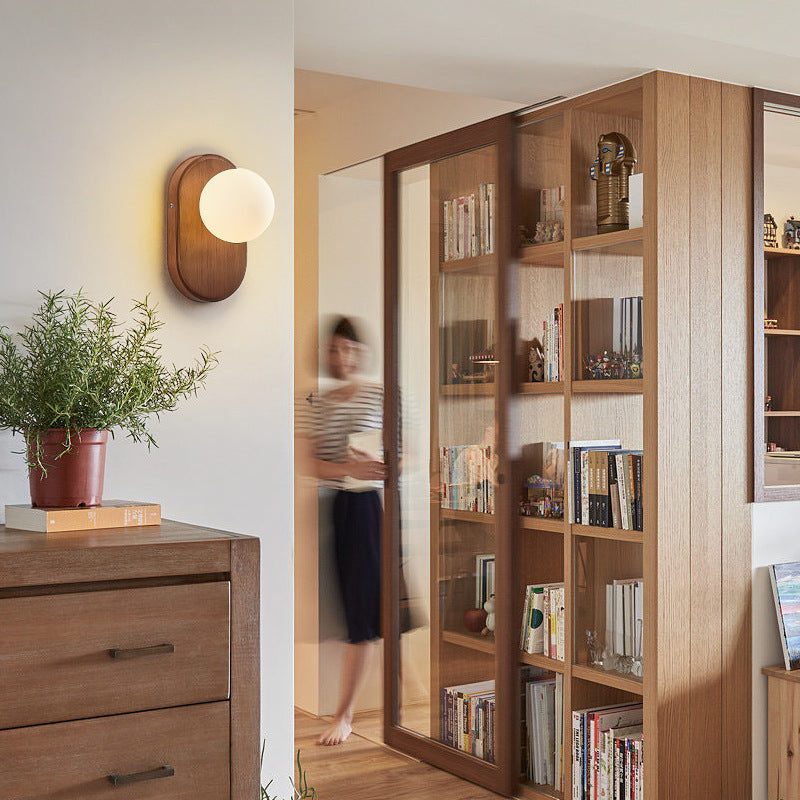Wood Glass Round Bedroom Wall Lamp