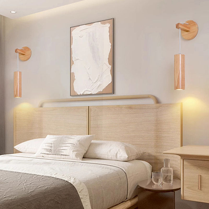 Oak Glass Cylinder Bedroom Wall Lamp