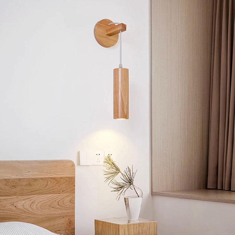 Oak Glass Cylinder Bedroom Wall Lamp