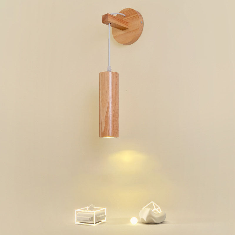 Oak Glass Cylinder Bedroom Wall Lamp