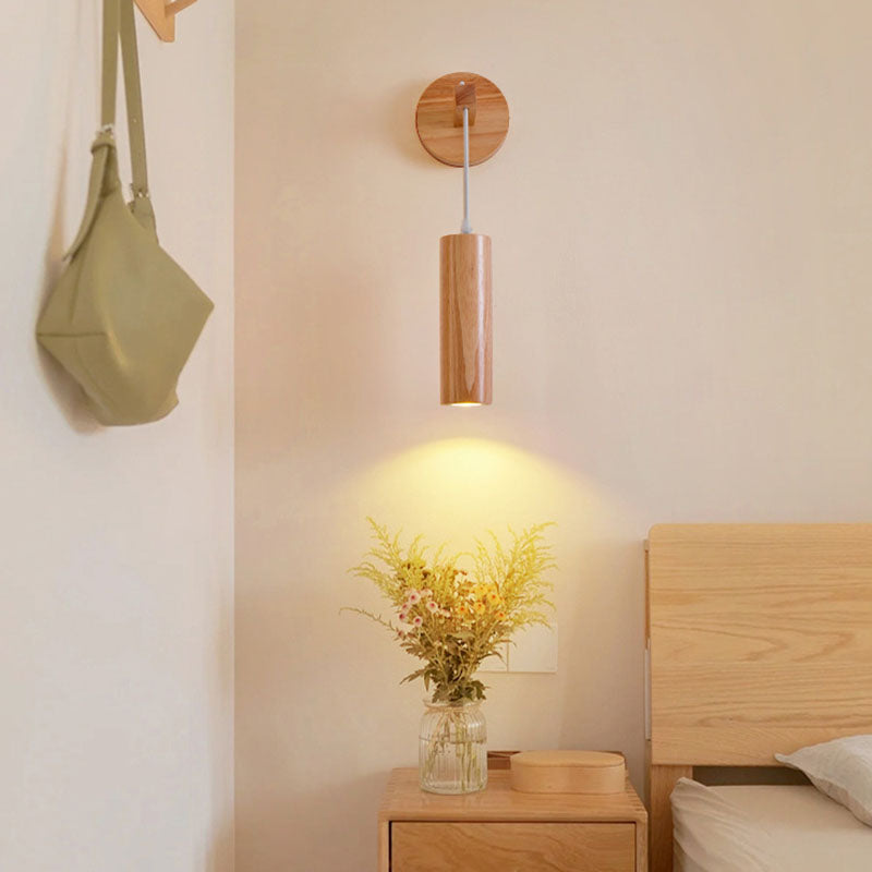 Oak Glass Cylinder Bedroom Wall Lamp