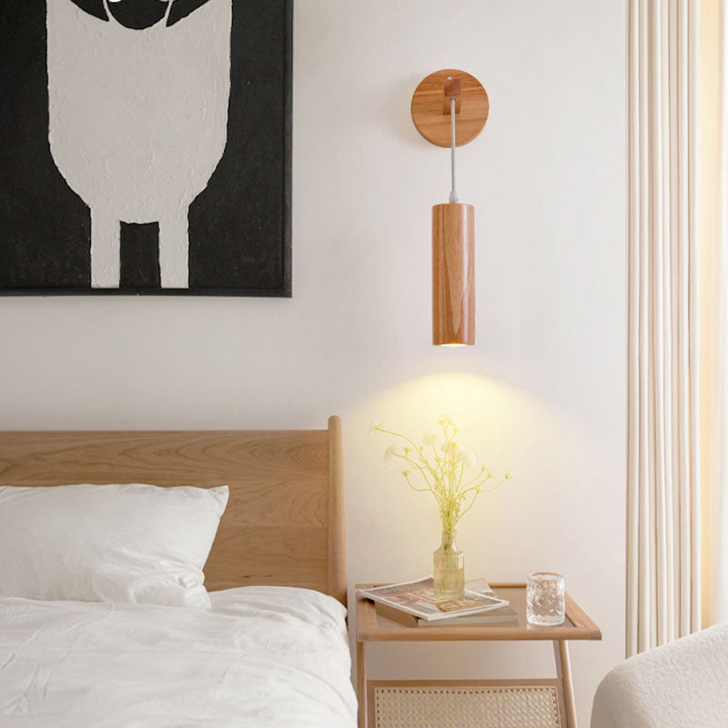 Oak Glass Cylinder Bedroom Wall Lamp