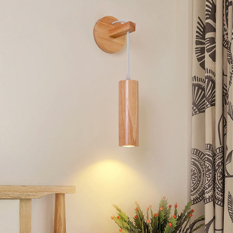 Oak Glass Cylinder Bedroom Wall Lamp