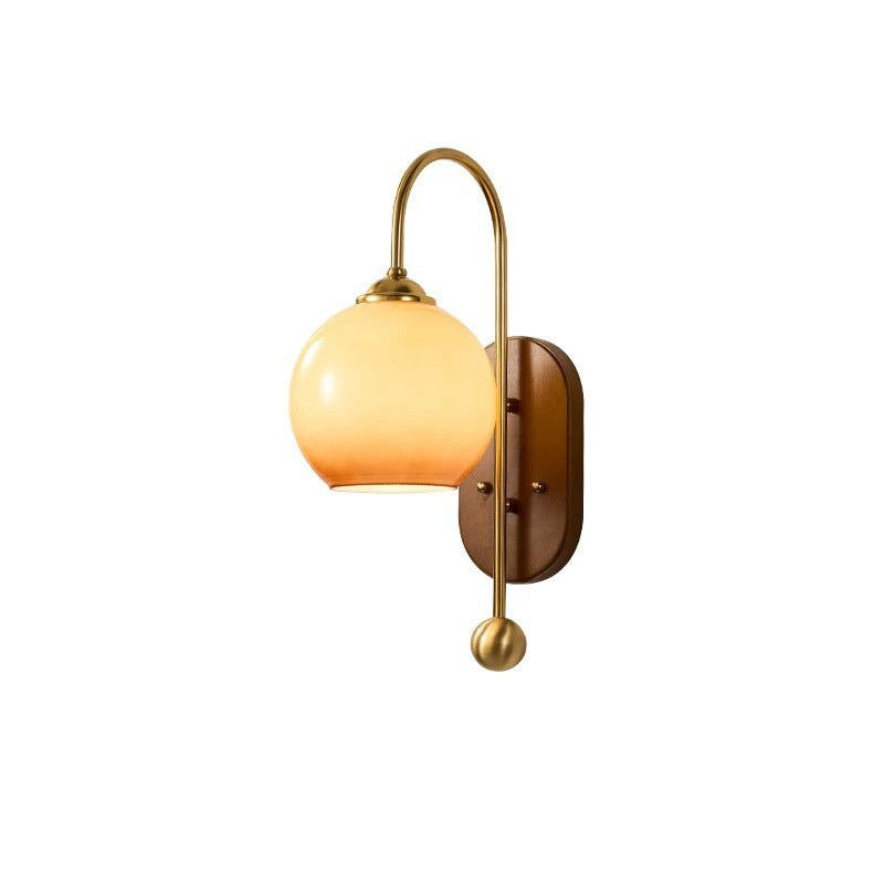 Oak Iron Glass Round Wall Lamp