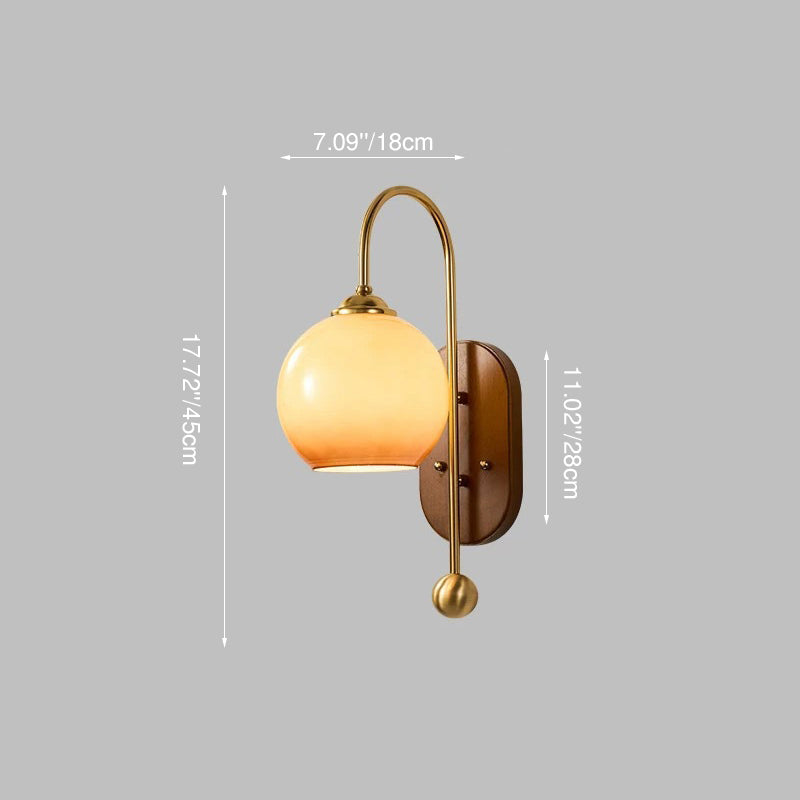 Oak Iron Glass Round Wall Lamp