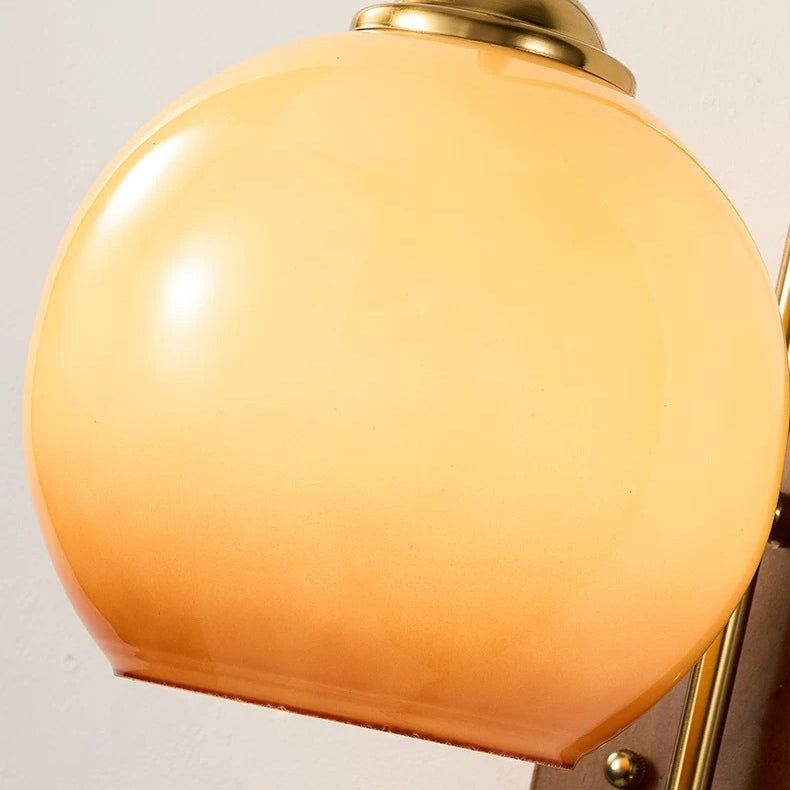 Oak Iron Glass Round Wall Lamp