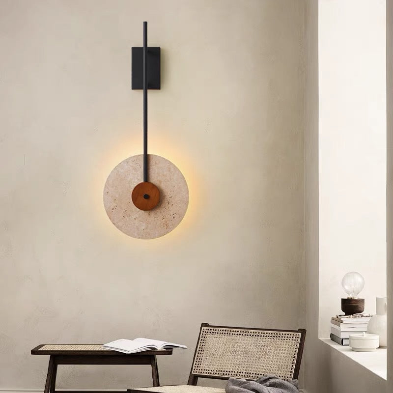 Walnut Travertine Iron Round Wall Lamp