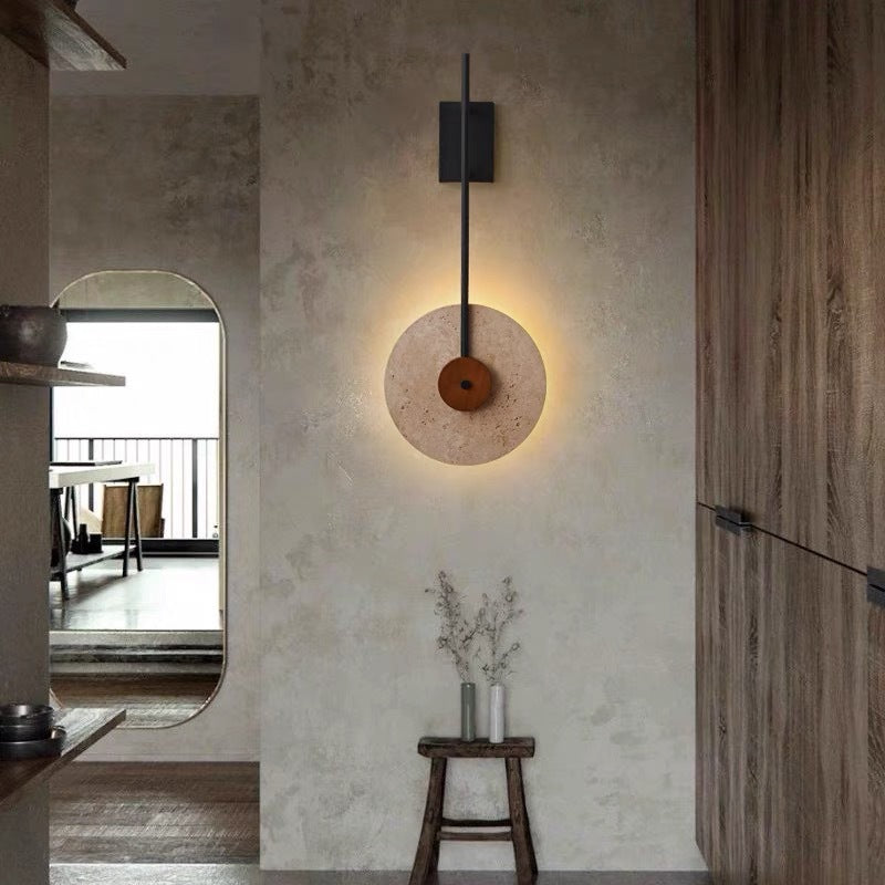 Walnut Travertine Iron Round Wall Lamp