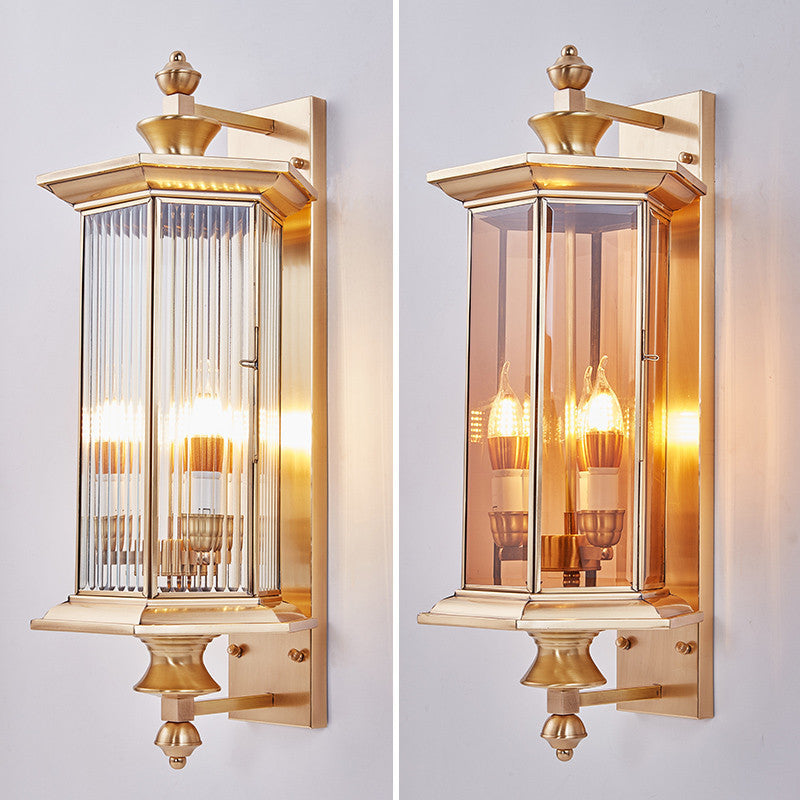 Hexagonal Column Glass Copper 2-Light Outdoor Light