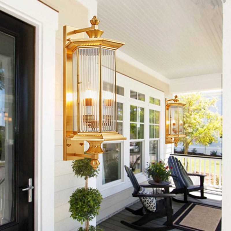 Hexagonal Column Glass Copper 2-Light Outdoor Light