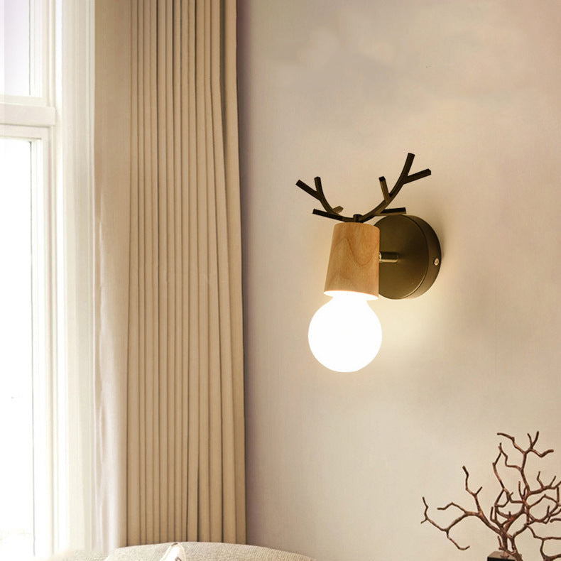 Antler Round Glass Rubberwood Wall Lamp