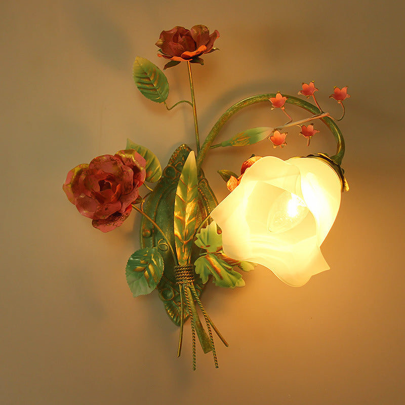 Rose Floral Glass Iron Wall Lamp