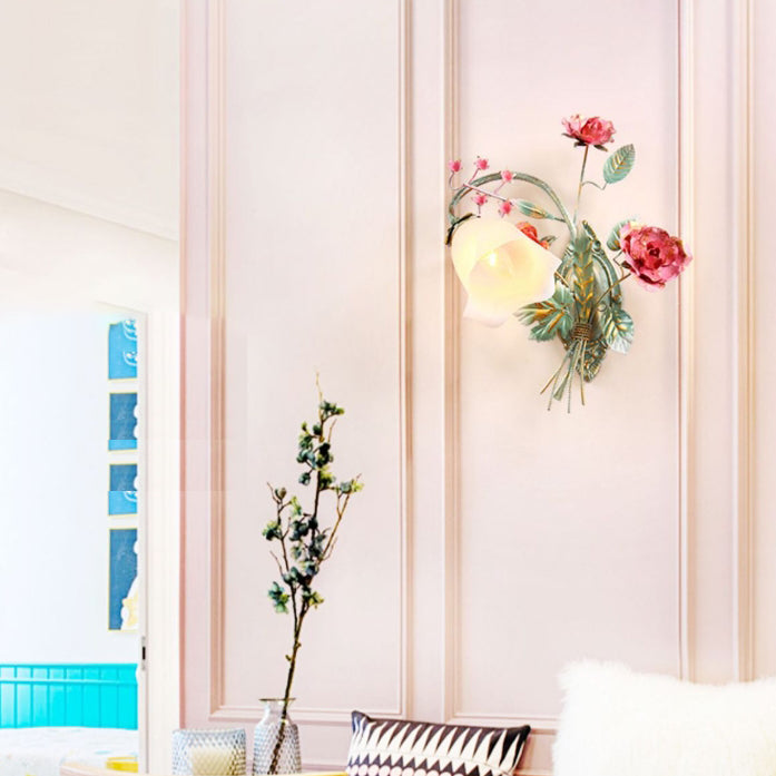 Rose Floral Glass Iron Wall Lamp