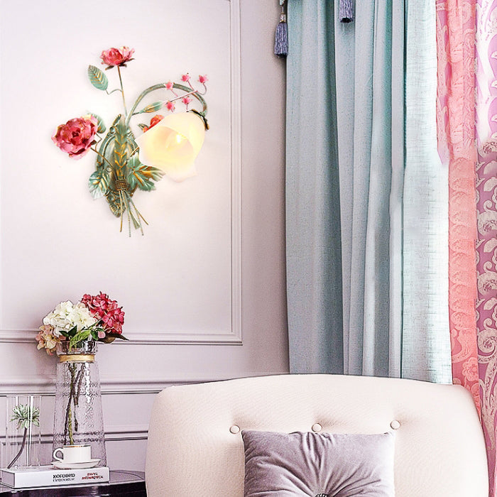 Rose Floral Glass Iron Wall Lamp