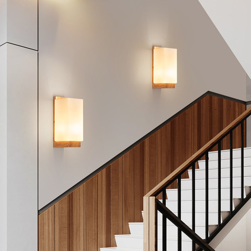Rectangle Glass Wood Living Wall Lamp