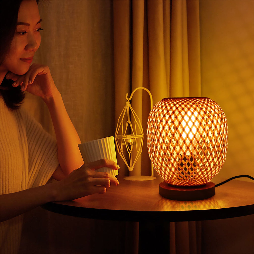 Openwork Round Bamboo Wood Table Lamp
