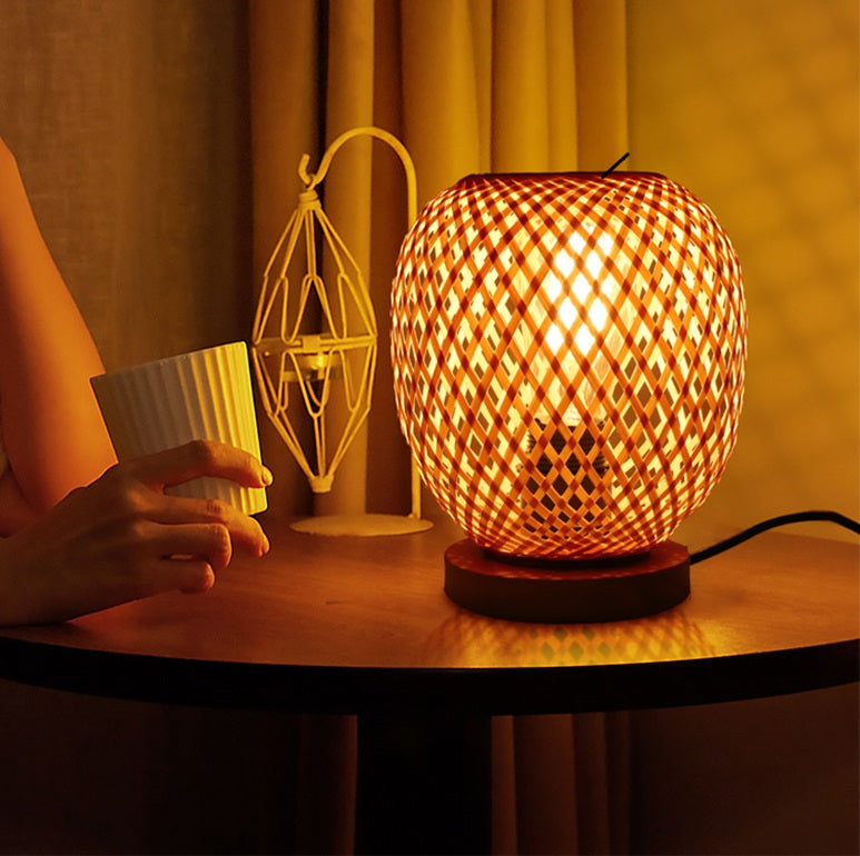 Openwork Round Bamboo Wood Table Lamp