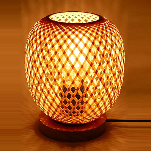 Openwork Round Bamboo Wood Table Lamp