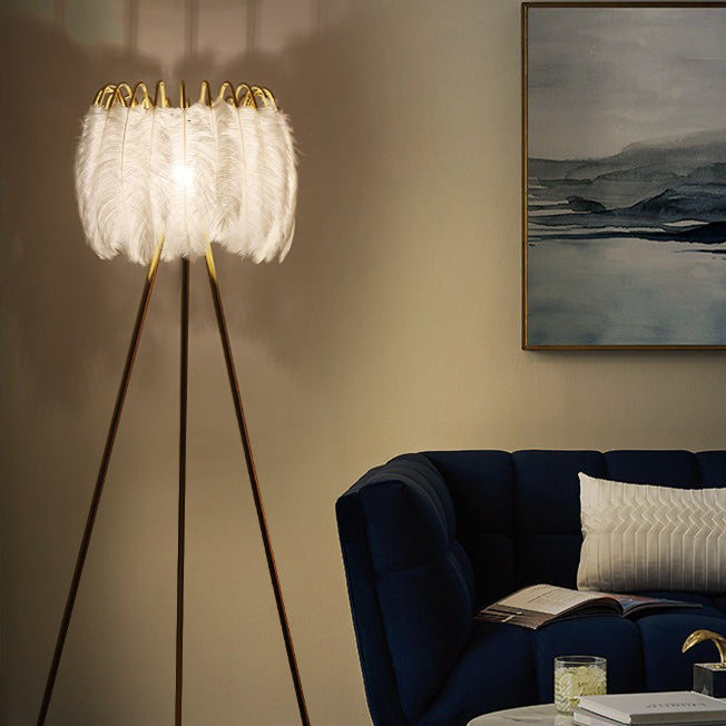 Curved Round Natural Feather Floor Lamp