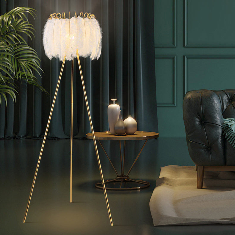 Curved Round Natural Feather Floor Lamp