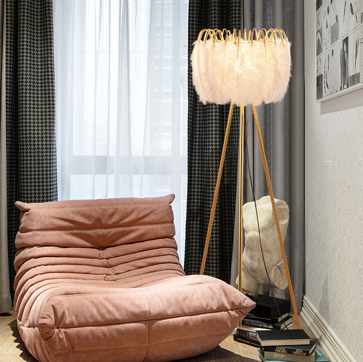 Curved Round Natural Feather Floor Lamp